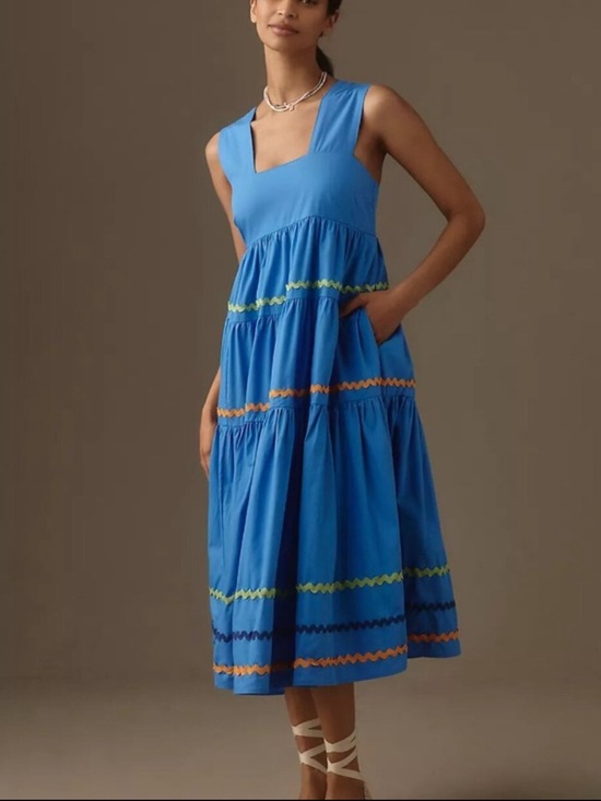 Anthropologie Dresses & Skirts - Anthropologie Blue The Helena Square-Neck Tiered Midi Dress Size XL 38331